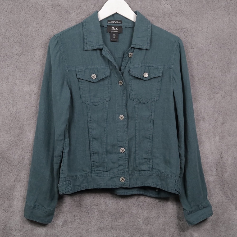 JONES NEW YORK 100% Linen Trucker Denim Style Jacket Button Up Jade Green Sz S
